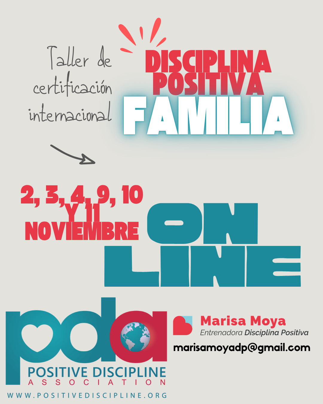 Banner que anuncia un curso de certificación en Disciplina Positiva para familias, profesionales y comunidades educativas. En la imagen se lee taller de certificación en Disciplina Positiva en la familia y se impartirá en modalidad online en noviembre de 2026.