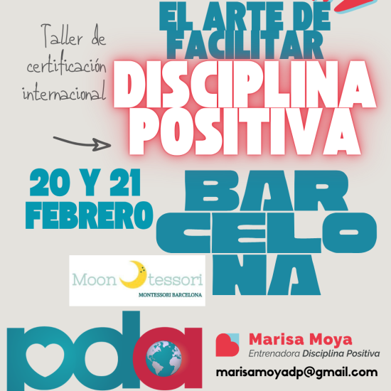 Banner que anuncia un curso de certificación en El arte de facilitar Disciplina Positiva, para personas certificadas en alguno de nuestros cursos. En la imagen se lee taller de certificación en el arte de facilitar Disciplina Positiva y se impartirá en Barcelona, en febrero 2027