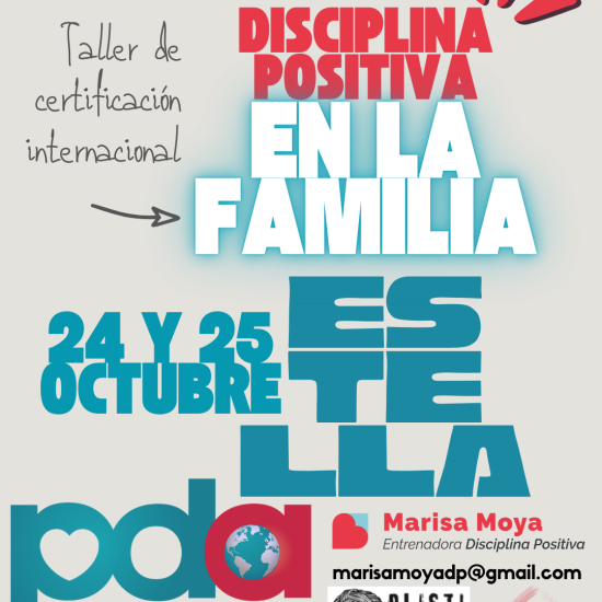 Banner que anuncia un curso de certificación en Disciplina Positiva para familias, profesionales y comunidades educativas. En la imagen se lee taller de certificación en Disciplina Positiva en la familia y se impartirá en Estella en octubre de 2026.