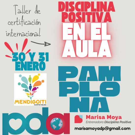 Banner que anuncia un curso de certificación en Disciplina Positiva para colegios, docentes y comunidades educativas. En la imagen se lee taller de certificación en Disciplina Positiva en el aula y se impartirá en Pamplona, en septiembre de 2027.